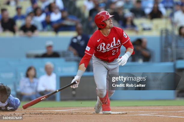 Friedl of the Cincinnati Reds bats during the game against the Los Angeles Dodgers at Dodger Stadium on July 29, 2023 in Los Angeles, California. The...