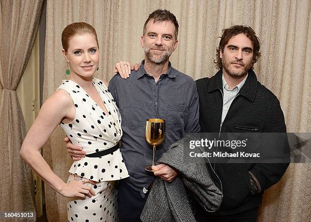 Actress Amy Adams, director Paul Thomas Anderson, and actor Joaquin Phoenix visit The Moet & Chandon Lounge at The Santa Barbara International Film...