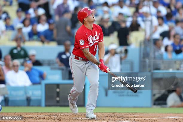 Nick Senzel of the Cincinnati Reds bats during the game against the Los Angeles Dodgers at Dodger Stadium on July 29, 2023 in Los Angeles,...