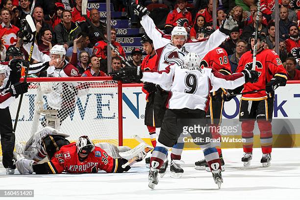 Paul Stastny and Matt Duchene of the Colorado Avalanche celebrate a goal against the Calgary Flames on January 31, 2013 at the Scotiabank Saddledome...