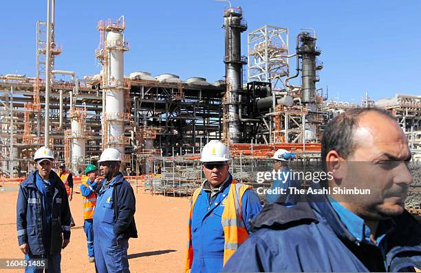 The natural gas plant, partially blackened by explosions, is seen on January 31, 2013 in In Amenas, Algeria. Thirty-seven foreign hostages including...