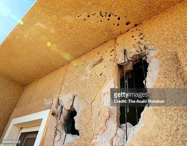 Bullet holes remain at the wall of a residence in the residential area, on January 31, 2013 in In Amenas, Algeria. Thirty-seven foreign hostages...