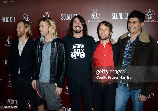 Musicians Nate Mendel, Taylor Hawkins, Dave Grohl, Chris Shiflett, and Pat Smear of Foo Fighters arrive at the Premiere Of "Sound City" at ArcLight...