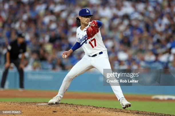 Joe Kelly of the Los Angeles Dodgers pitches during the game against the Cincinnati Reds at Dodger Stadium on July 29, 2023 in Los Angeles,...