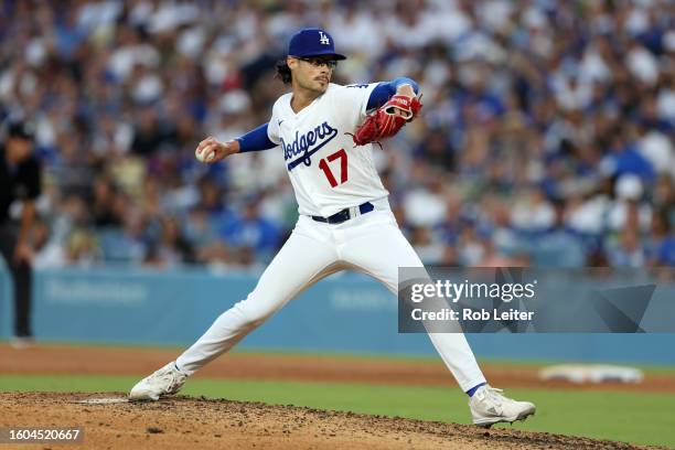 Joe Kelly of the Los Angeles Dodgers pitches during the game against the Cincinnati Reds at Dodger Stadium on July 29, 2023 in Los Angeles,...