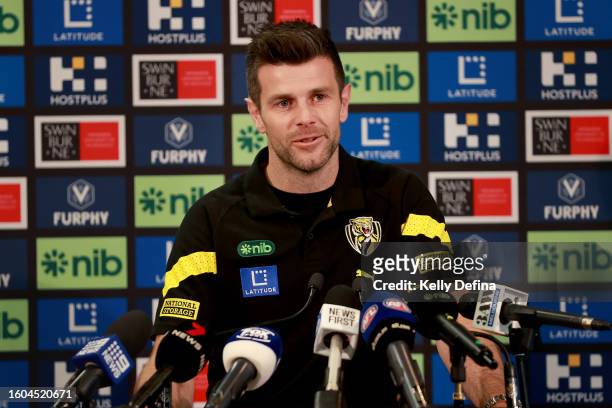 Trent Cotchin announces his retirement from AFL during a press conference at Punt Road Oval on August 10, 2023 in Melbourne, Australia.