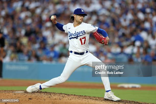 Joe Kelly of the Los Angeles Dodgers pitches during the game against the Cincinnati Reds at Dodger Stadium on July 29, 2023 in Los Angeles,...