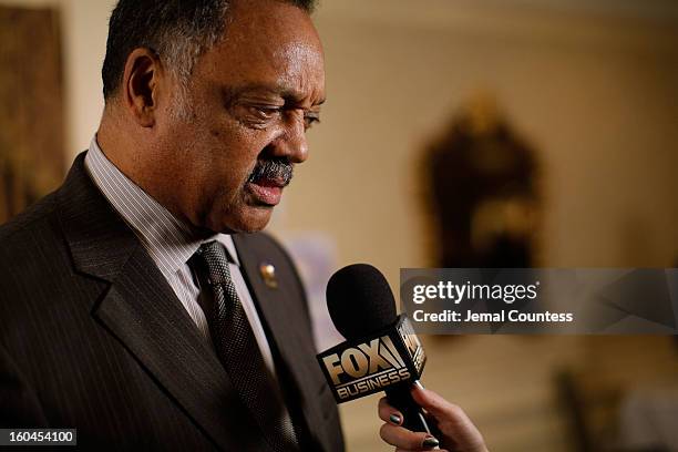 The Reverend Jesse Jackson speaks to the media during The 16th Annual Wall Street Project Economic Summit - Day 1 at The Roosevelt Hotel on January...