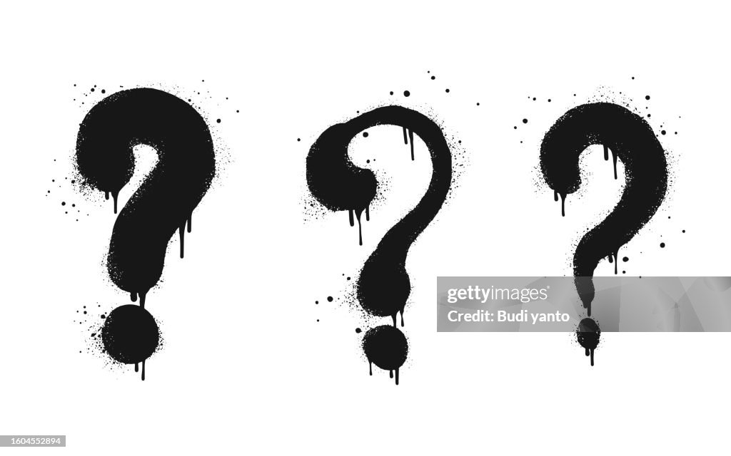 Ensemble de graffitis peints à la bombe points d’interrogation en noir sur blanc. Symbole goutte à goutte de question. isolé sur fond blanc. Illustration vectorielle