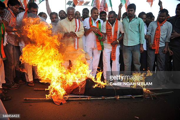 Members of the opposition Bharatiya Janata Party burn an effigy representing Central Home Minister Susheel Kumar Shinde during their protest...
