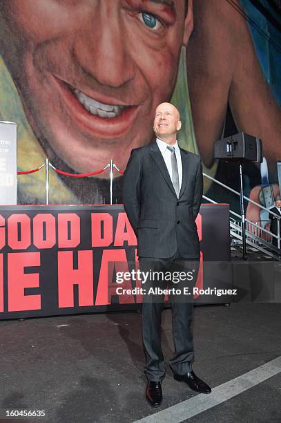 Actor Bruce Willis attends the dedication and unveiling of a new soundstage mural celebrating 25 years of "Die Hard" at Fox Studio Lot on January 31,...