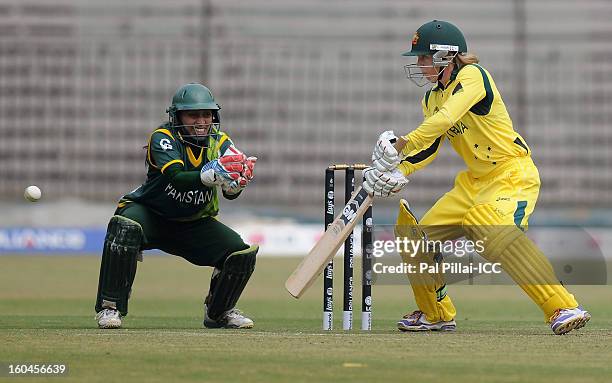 Sarah Coyte of Australia bats during the second match of ICC Womens World Cup between Australia and Pakistan, played at the Barabati stadium on...