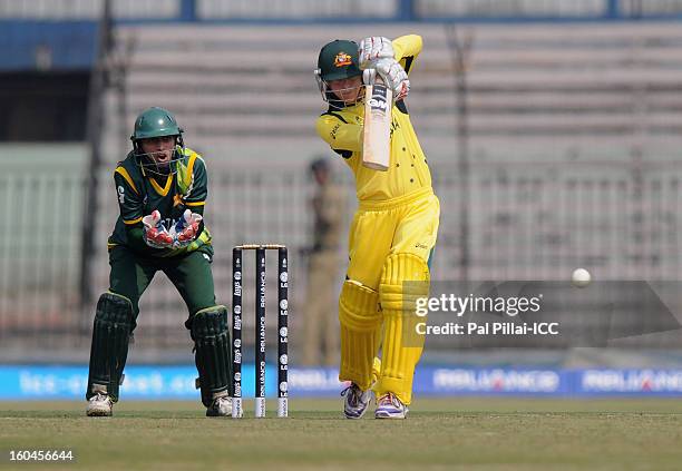 Sarah Coyte of Australia bats during the second match of ICC Womens World Cup between Australia and Pakistan, played at the Barabati stadium on...