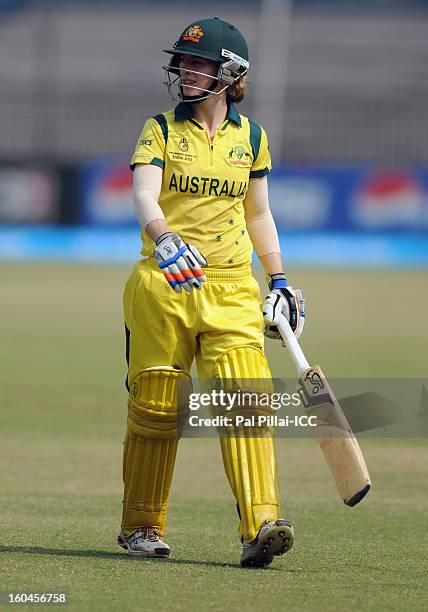 Rachael Haynes of Australia walks back after getting out during the second match of ICC Womens World Cup between Australia and Pakistan, played at...