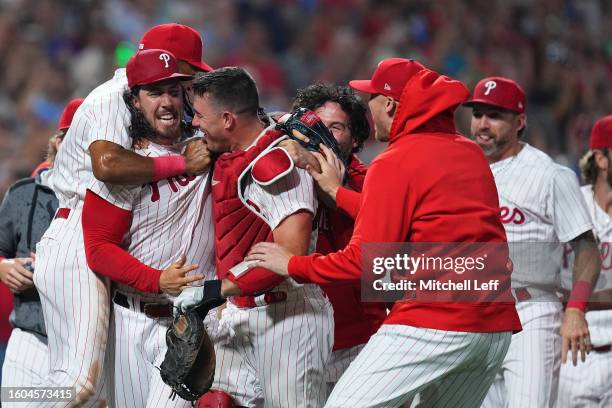 Michael Lorenzen of the Philadelphia Phillies celebrates with J.T. Realmuto after throwing no-hitter against the Washington Nationals at Citizens...