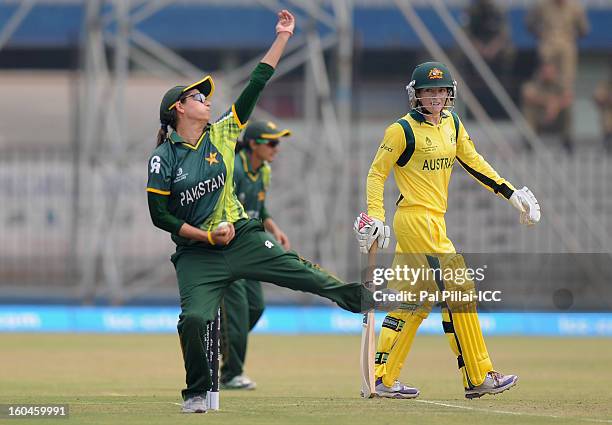 Pakistan captain Sana Mir bowls during the second match of ICC Womens World Cup between Australia and Pakistan, played at the Barabati stadium on...