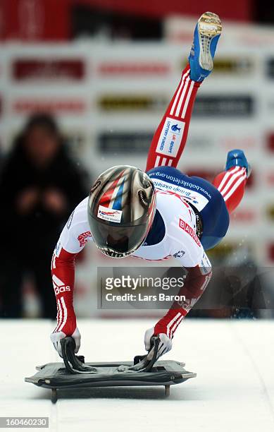 Shelley Rudman of Great Britain competes in the women's skeleton third heat of the IBSF Bob & Skeleton World Championship at Olympia Bob Run on...