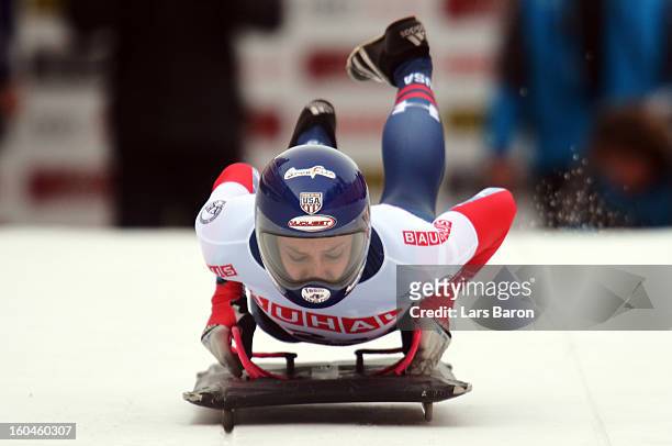 Noelle Pikus Pace of USA competes in the women's skeleton third heat of the IBSF Bob & Skeleton World Championship at Olympia Bob Run on February 1,...