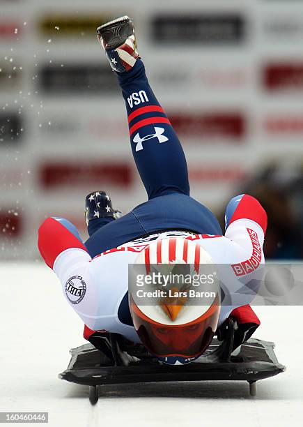 Katie Uhlaender of USA competes in the women's skeleton third heat of the IBSF Bob & Skeleton World Championship at Olympia Bob Run on February 1,...