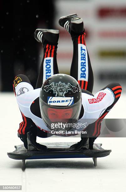 Marion Thees of Germany competes in the women's skeleton third heat of the IBSF Bob & Skeleton World Championship at Olympia Bob Run on February 1,...