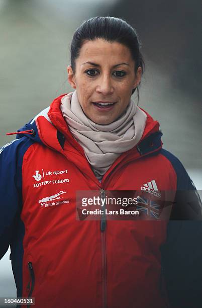 Shelley Rudman of Great Britain looks on after the women's skeleton third heat of the IBSF Bob & Skeleton World Championship at Olympia Bob Run on...