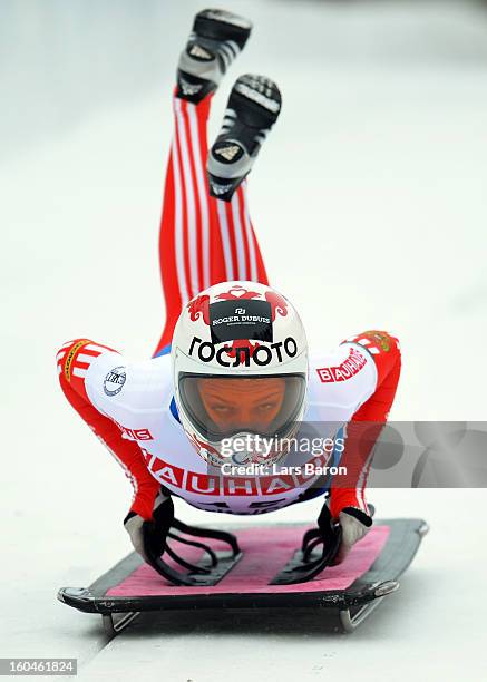 Elena Nikitina competes in the women's skeleton third heat of the IBSF Bob & Skeleton World Championship at Olympia Bob Run on February 1, 2013 in St...