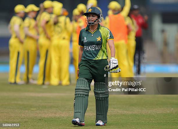 Pakistan captain Sana Mir walks back after getting out during the second match of ICC Womens World Cup between Australia and Pakistan, played at the...