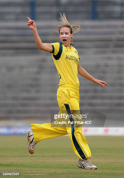 Ellyse Perry of Australia celebrates the wicket of Nahida Khan of Pakistan during the second match of ICC Womens World Cup between Australia and...