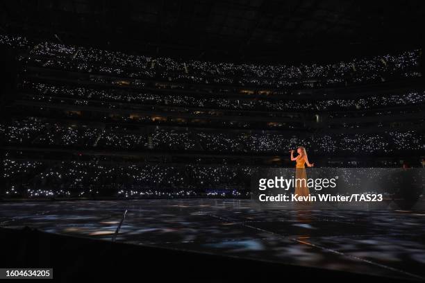 Taylor Swift performs onstage during "Taylor Swift | The Eras Tour" at SoFi Stadium on August 09, 2023 in Inglewood, California.