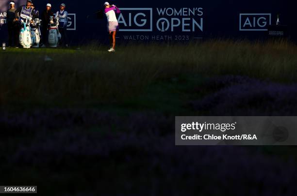 Maria Fassi of Mexico tees off on the 1st hole on Day One of the AIG Women's Open at Walton Heath Golf Club on August 10, 2023 in Tadworth, England.