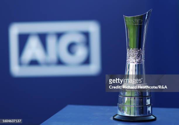 The AIG Women's Open trophy is displayed on the 1st tee on Day One of the AIG Women's Open at Walton Heath Golf Club on August 10, 2023 in Tadworth,...