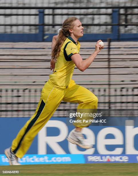 Holly Ferling of Australia bowls during the second match of ICC Womens World Cup between Australia and Pakistan, played at the Barabati stadium on...