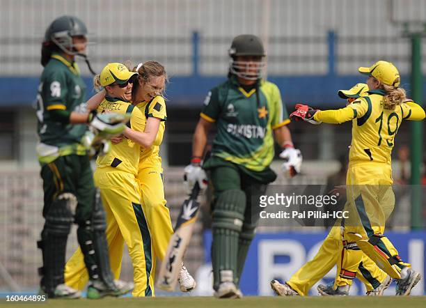 Holly Ferling of Australia celebrates the wicket of Sidra Ameen of Paksitan during the second match of ICC Womens World Cup between Australia and...