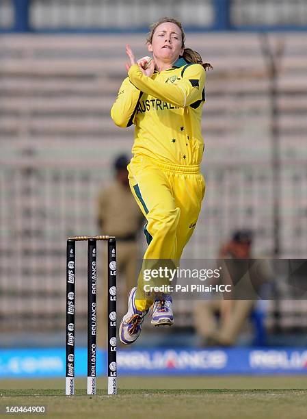 Sarah Coyte of Australia bowls during the second match of ICC Womens World Cup between Australia and Pakistan, played at the Barabati stadium on...