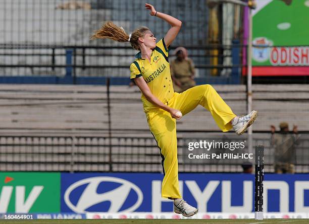 Holly Ferling of Australia bowls during the second match of ICC Womens World Cup between Australia and Pakistan, played at the Barabati stadium on...