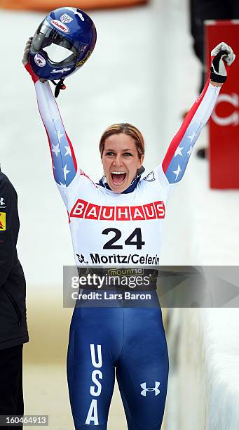 Second placed Noelle Pikus Pace of USA celebrates after the women's skeleton final heat of the IBSF Bob & Skeleton World Championship at Olympia Bob...