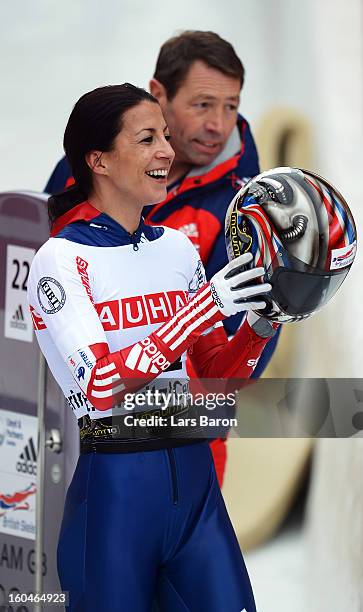 Shelley Rudman of Great Britain celebrates after winning the women's skeleton final heat of the IBSF Bob & Skeleton World Championship at Olympia Bob...