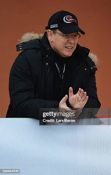 Prince Albert II of Monaco looks on during the women's skeleton final heat of the IBSF Bob & Skeleton World Championship at Olympia Bob Run on...