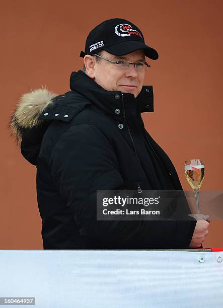 Prince Albert II of Monaco looks on during the women's skeleton final heat of the IBSF Bob & Skeleton World Championship at Olympia Bob Run on...