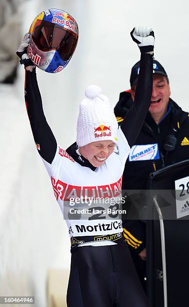 Anja Huber of Germany reacts after the women's skeleton final heat of the IBSF Bob & Skeleton World Championship at Olympia Bob Run on February 1,...