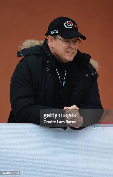 Prince Albert II of Monaco looks on during the women's skeleton final heat of the IBSF Bob & Skeleton World Championship at Olympia Bob Run on...