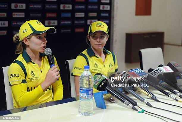 Jodie Fields captain of Australia addresses a press conference with team-mate Sarah Coyte at the end of second match of ICC Womens World Cup between...