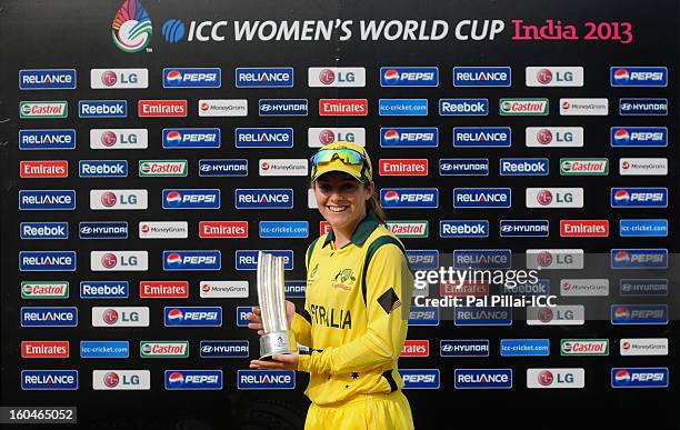 Sarah Coyte of Australia poses for a pic with the woman of the match award during the second match of ICC Womens World Cup between Australia and...