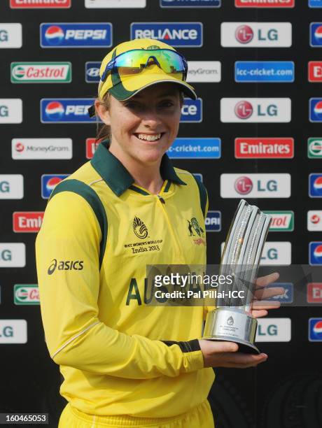 Sarah Coyte of Australia poses for a pic with the woman of the match award during the second match of ICC Womens World Cup between Australia and...
