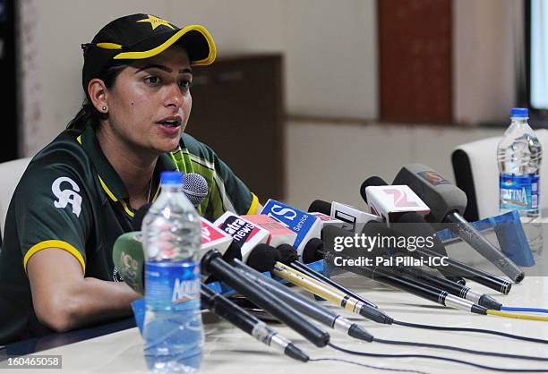 Sana Mir captain of Pakistan addresses a press conference at the end of second match of ICC Womens World Cup between Australia and Pakistan, played...