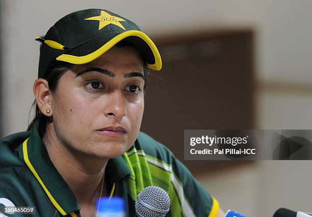 Sana Mir captain of Pakistan addresses a press conference at the end of second match of ICC Womens World Cup between Australia and Pakistan, played...