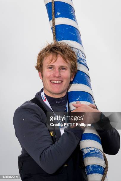 Sailor Francois Gabart arrives in port after winning the Vendee Globe 2013 record with his boat Macif on January 27, 2013 in Sables d'Olonne,France....