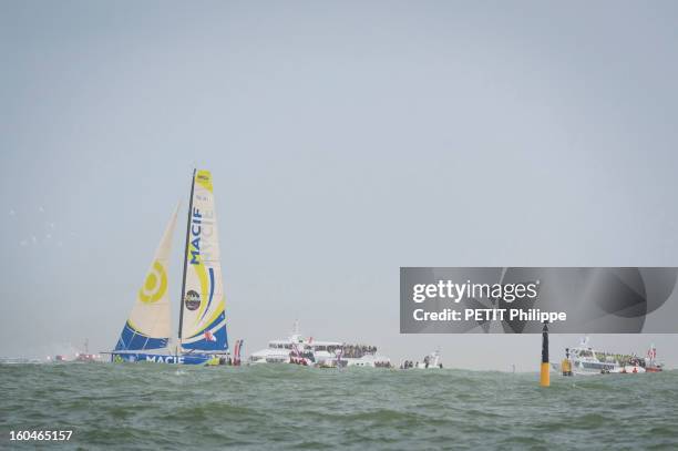 Sailor Francois Gabart arrives in port after winning the Vendee Globe 2013 record with his boat Macif on January 27, 2013 in Sables d'Olonne,France....