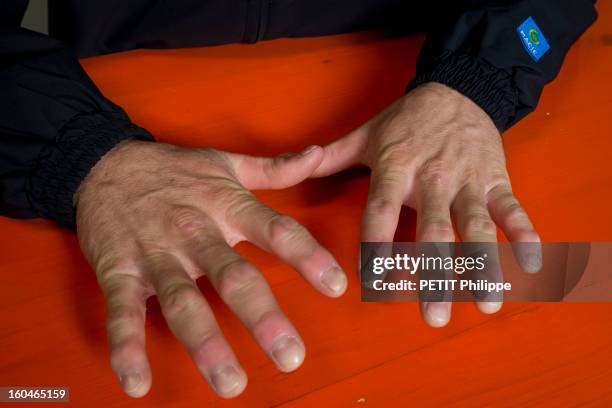 Sailor Francois Gabart's hands after winning the Vendee Globe 2013 record with his boat Macif on January 27, 2013 in Sables d'Olonne,France. He won...