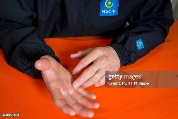 Sailor Francois Gabart's hands after winning the Vendee Globe 2013 record with his boat Macif on January 27, 2013 in Sables d'Olonne,France. He won...